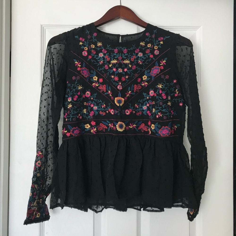 Black Sheer Floral Embroidered Blouse